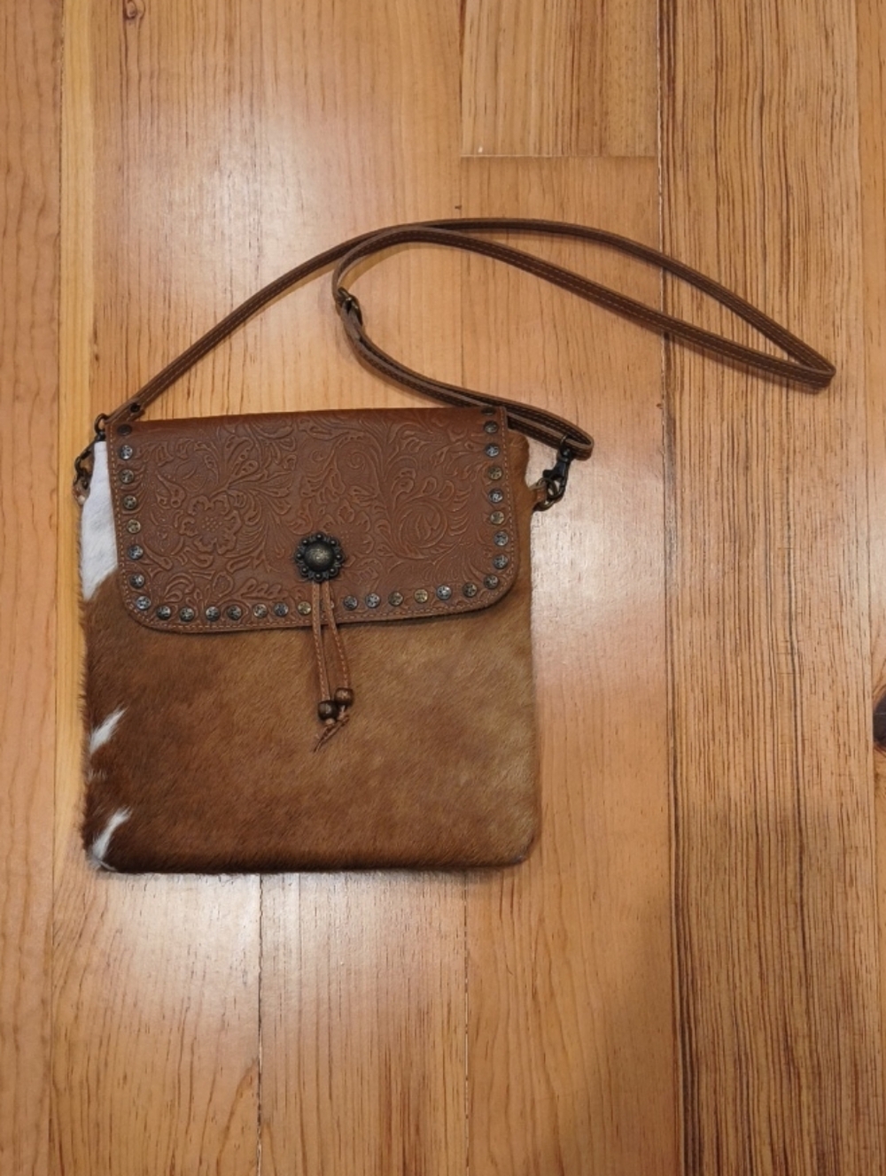 Myra Bag Tooled Leather Cowhide Shoulder Messenger Crossbody Bag Purse 11 1/4"